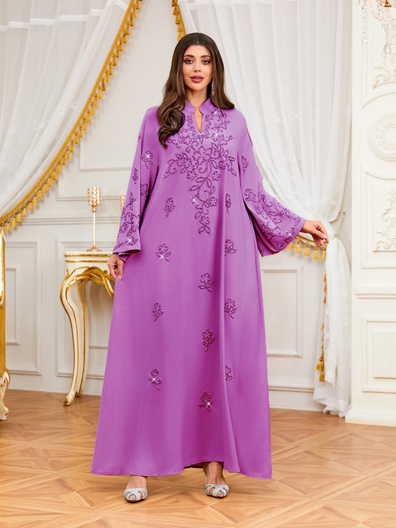 In Stock 2026 New Musilin Cross-Border Middle Eastern Arabian Clothing Women's Hand-Embellished Rhinestone Robe Dress