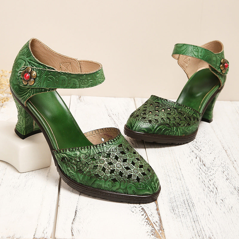Womens Fashion Hollowed-Out Vintage High-Heel Sandals