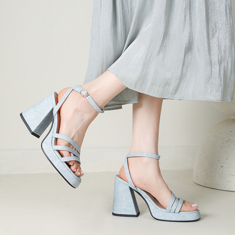 Denim-strapped Sandals With A Round Toe And Chunky Heel For Women