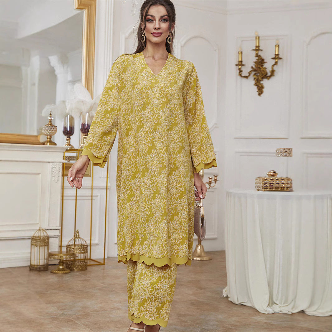 Elegant Floral Print Muslim Abaya Dress Set