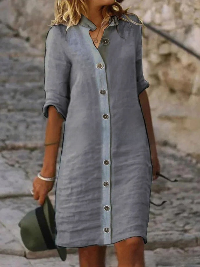 A pure cotton and linen dress with a shirt collar and middle sleeves