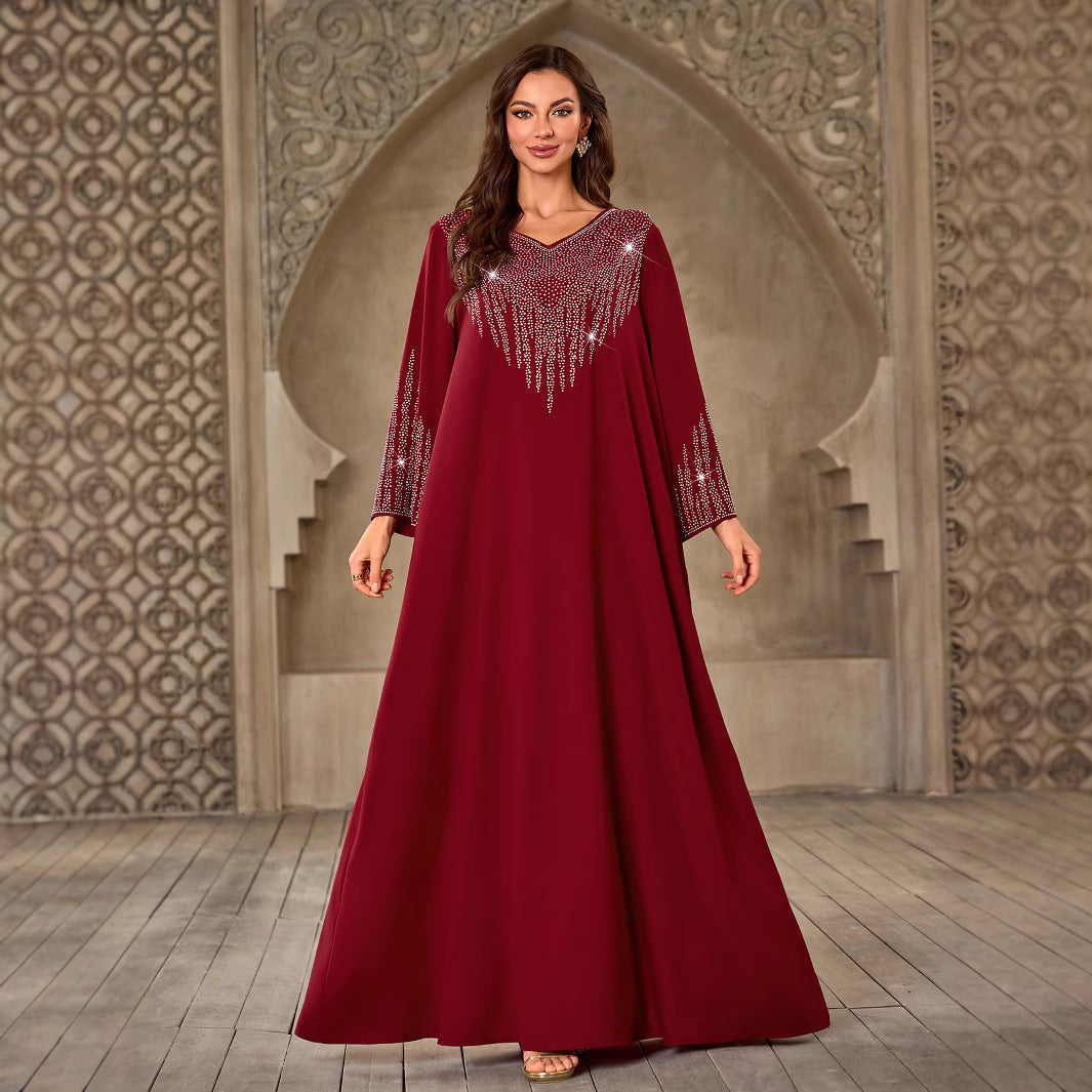 Fashion Rhinestone V-neck Casual Loose Dubai New Dress