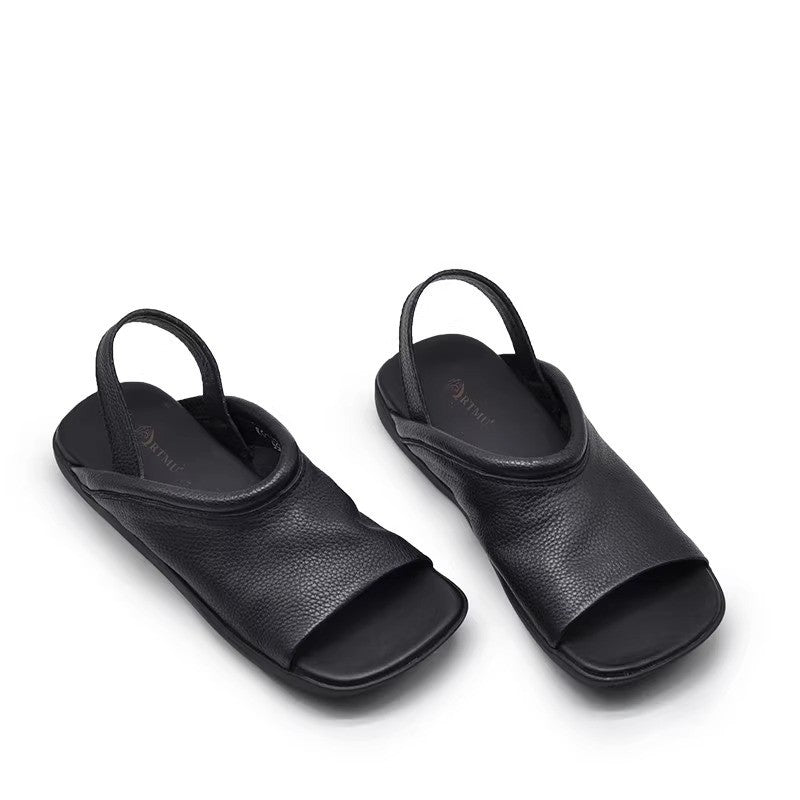 Soft-leather Square-toe Flat-heeled Womens Open-toe Roman-style All-match Beach Sandals For Outdoor Wear