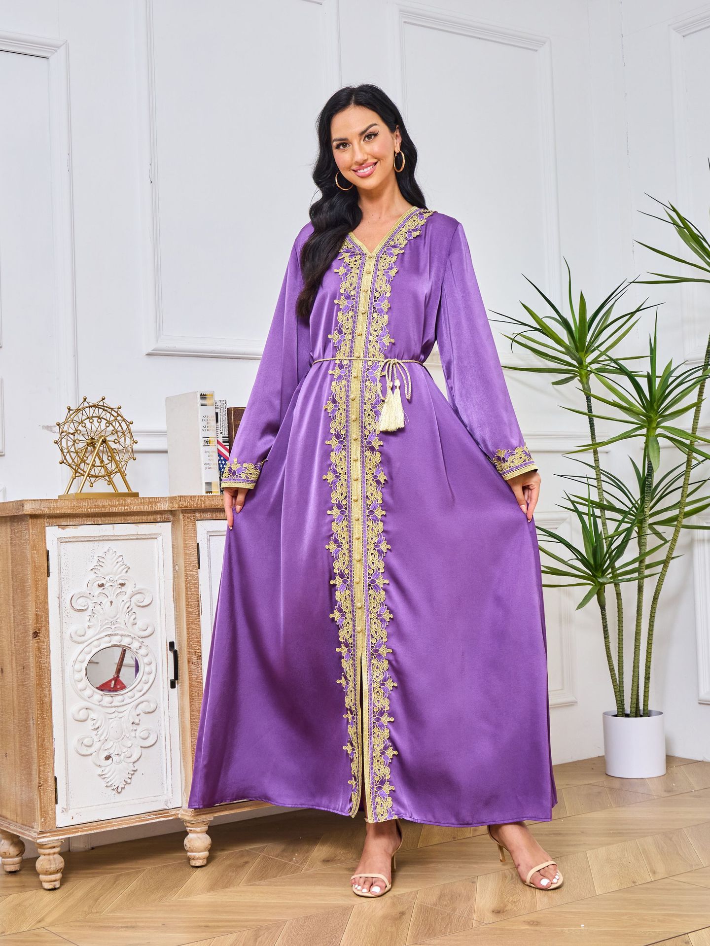 Dubai Abaya Gown Dress With Printed Hot-stone And Embroidered Detailing