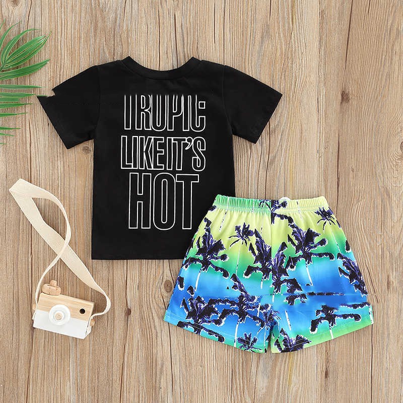 Boy's Back Letter Coconut Pattern T-shirt Shorts Set