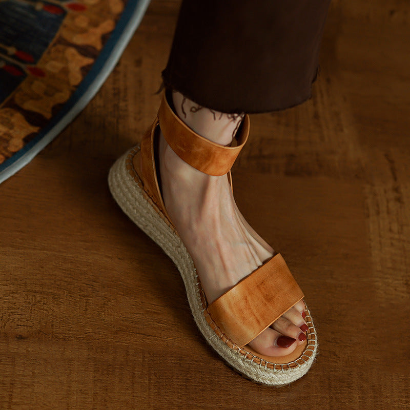 Womens All-leather Braided Vintage Flat Sandals With A Wedge Heel