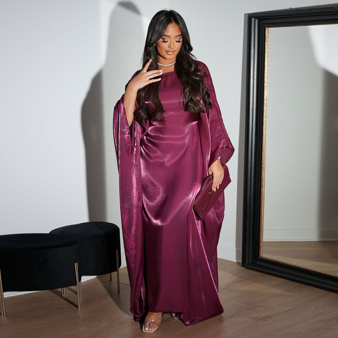 Modest Muslim Bright Silk Satin Abaya Dress