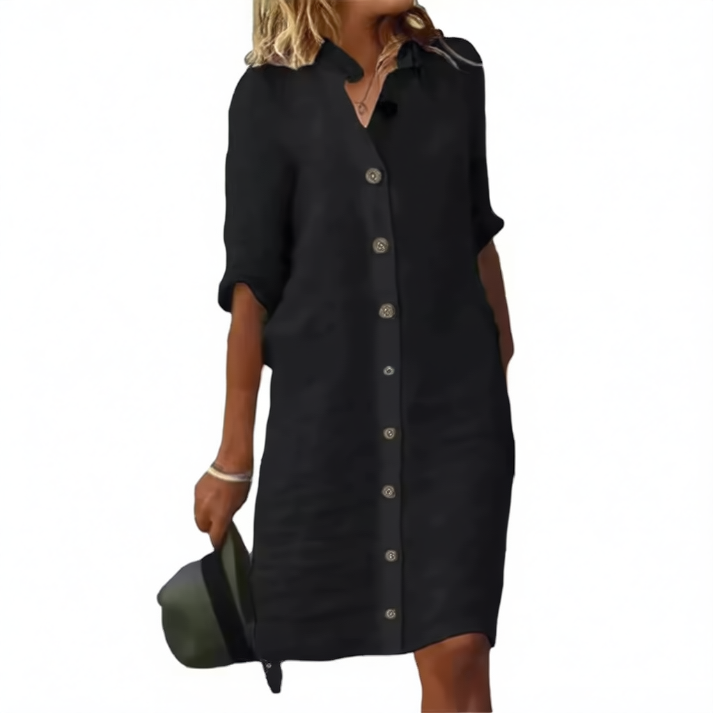 A pure cotton and linen dress with a shirt collar and middle sleeves