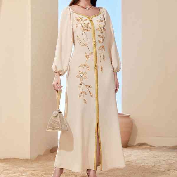 Square-neck Cinched Middle East Dubai Hand-stitched Maxi Dress