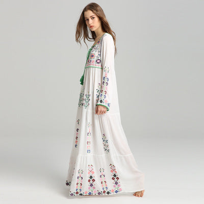 Boho Embroidered Floral Lace-up Maxi Dress