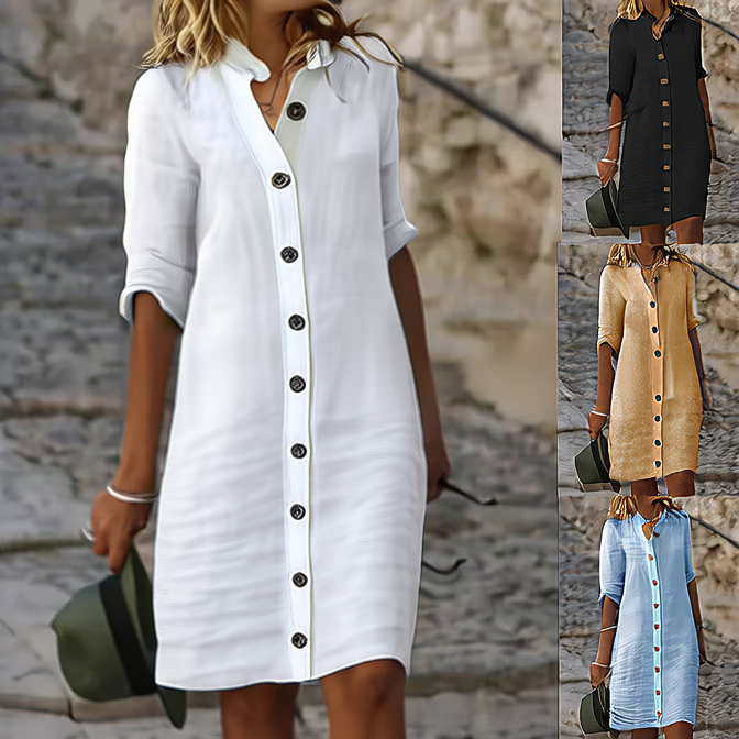 A pure cotton and linen dress with a shirt collar and middle sleeves
