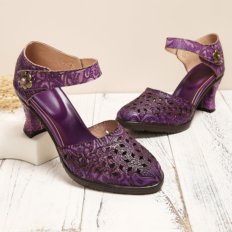 Womens Fashion Hollowed-Out Vintage High-Heel Sandals