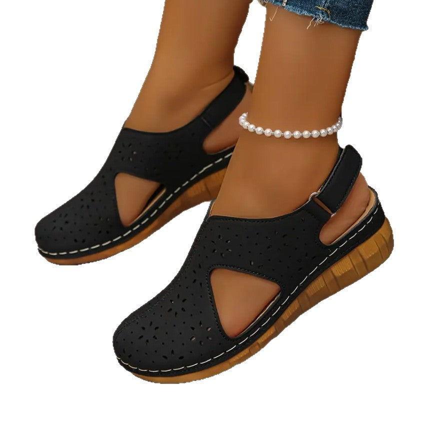 Breathable Velcro-Strapped Wedge Sandals With Fishmouth Design And Stitched Seams