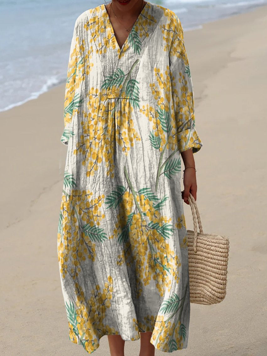 Resort Style Printed Long Sleeve For Women Loose Fitting V Neck Maxi Dress