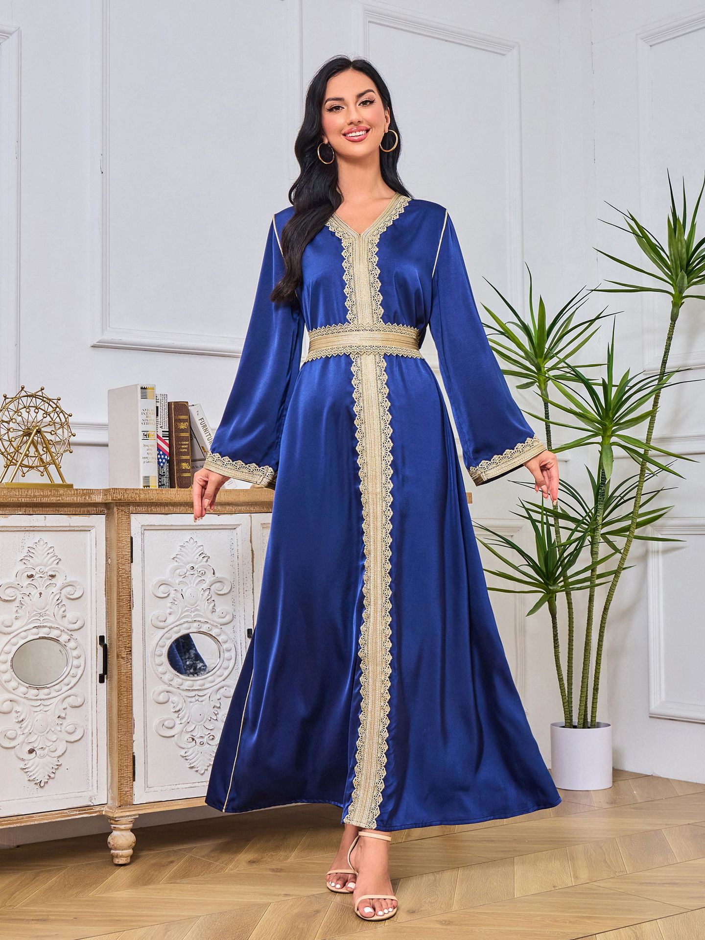Dubai Abaya Gown Dress With Printed Hot-stone And Embroidered Detailing