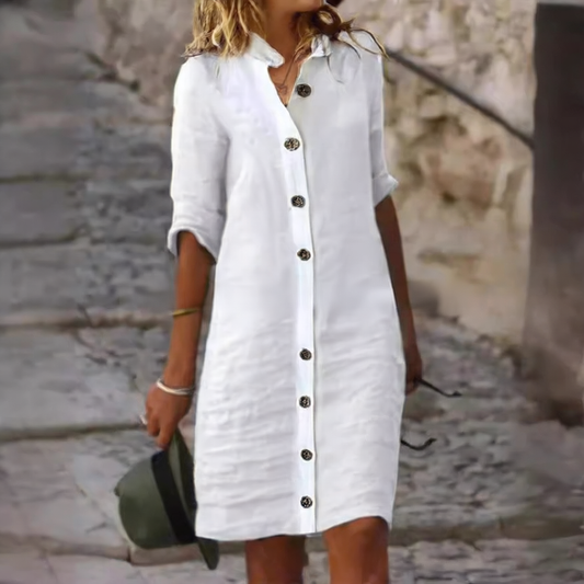 A pure cotton and linen dress with a shirt collar and middle sleeves