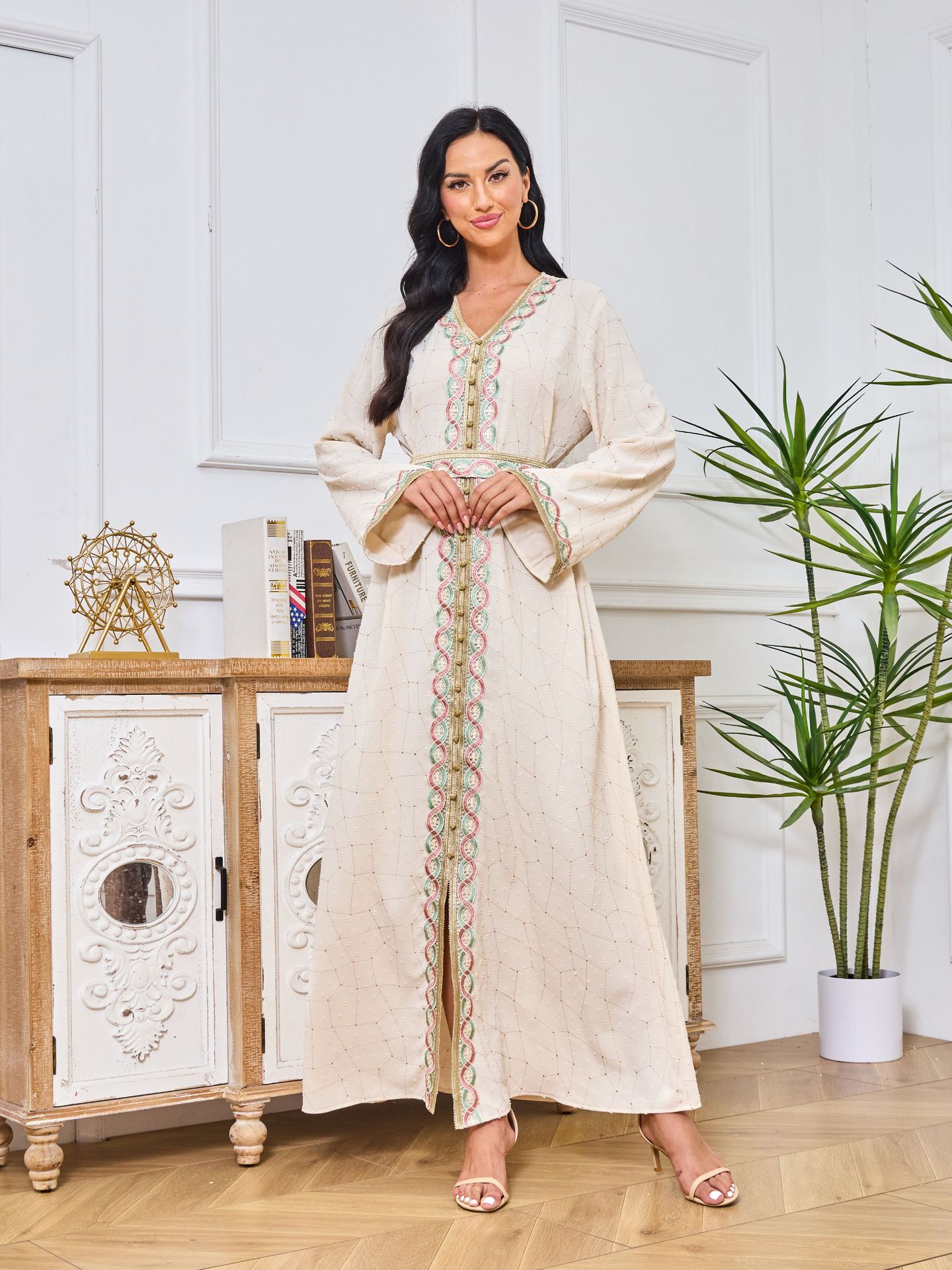 Dubai Abaya Gown Dress With Printed Hot-stone And Embroidered Detailing