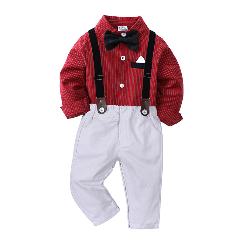 Children Striped Cotton Long Sleeve Shirt Bow Bib Gentleman Suit