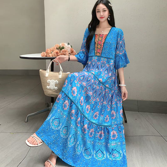 Summer Vintage Cotton Silk Ethnic Style Embroidered Dress Women