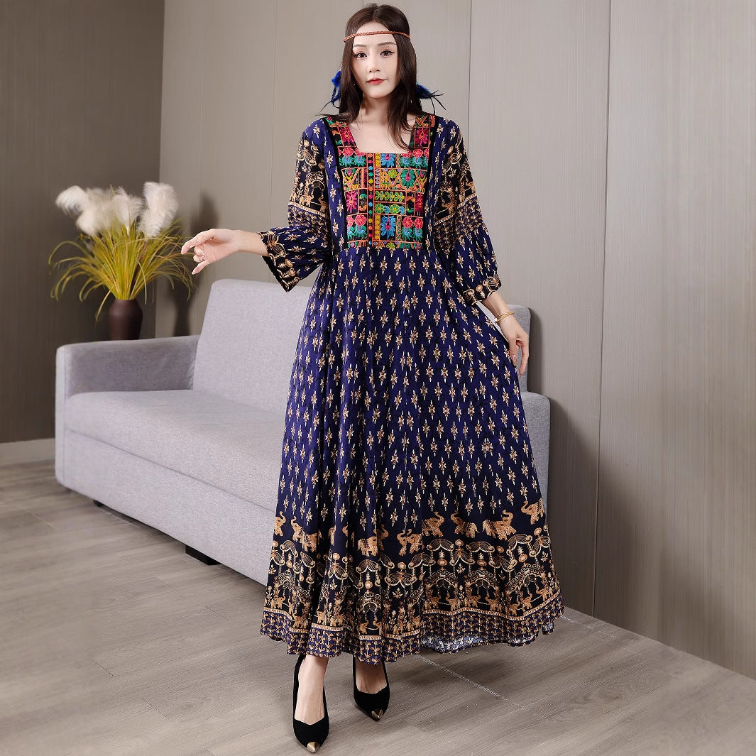 Bohemian Style Dress Ethnic Style Embroidered Large Swing Skirt