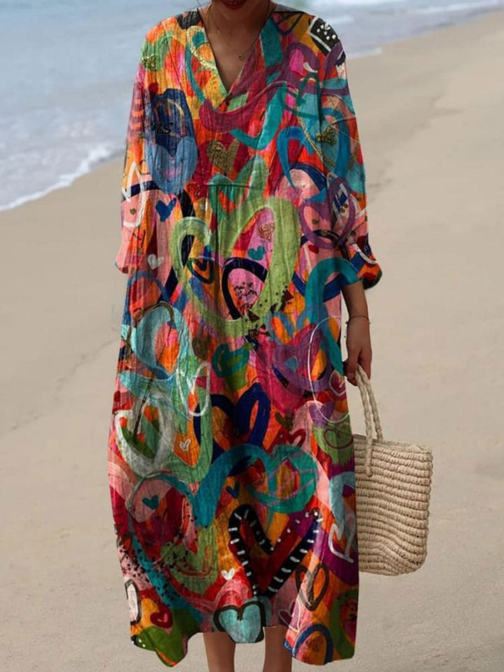 Resort Style Printed Long Sleeve For Women Loose Fitting V Neck Maxi Dress