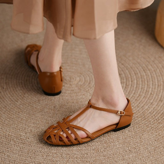 Women's T-shaped Solid Color Flat Sandals