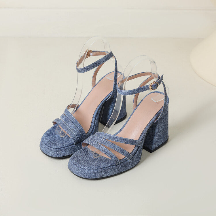 Denim-strapped Sandals With A Round Toe And Chunky Heel For Women