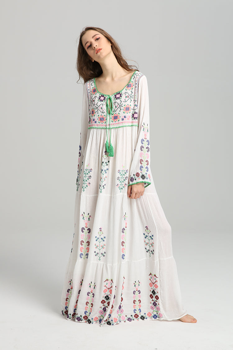 Boho Embroidered Floral Lace-up Maxi Dress