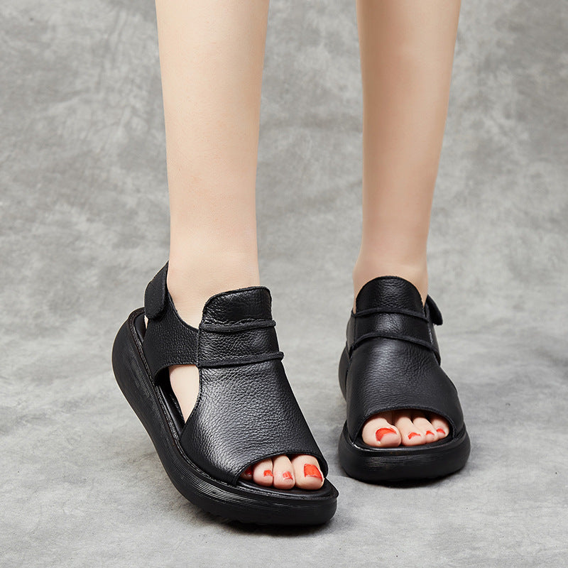 Peep Toe Casual Women's Shoes Summer Cowhide Raise The Bottom Sandals