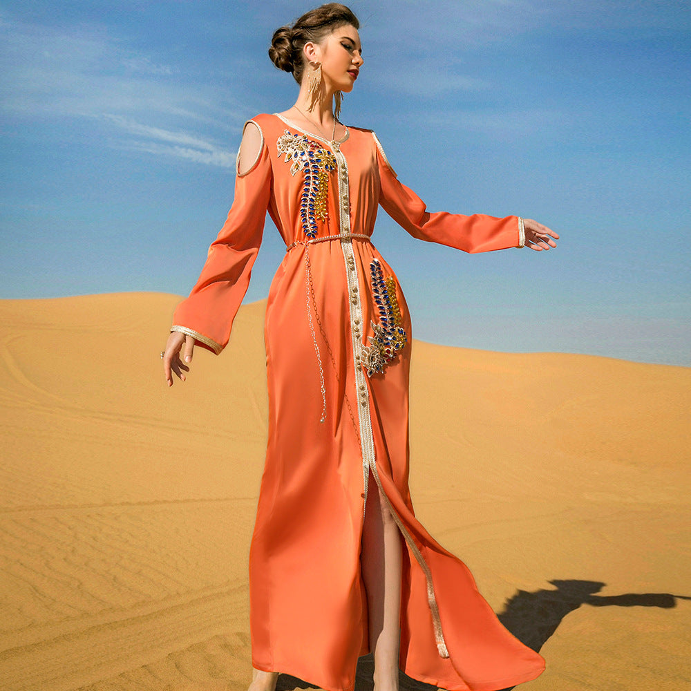 Orange New Hand Sewn Drill Long Dress With Belt