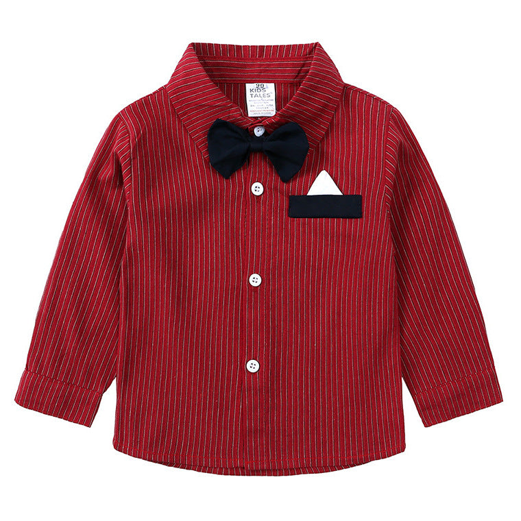 Children Striped Cotton Long Sleeve Shirt Bow Bib Gentleman Suit