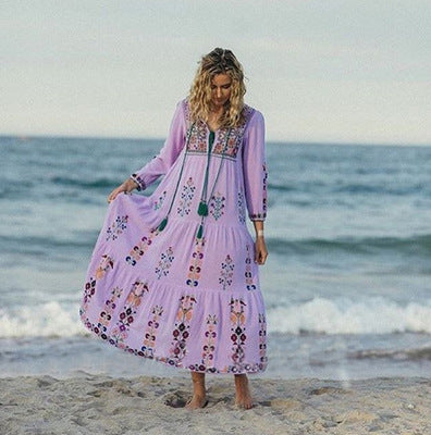 Boho Embroidered Floral Lace-up Maxi Dress