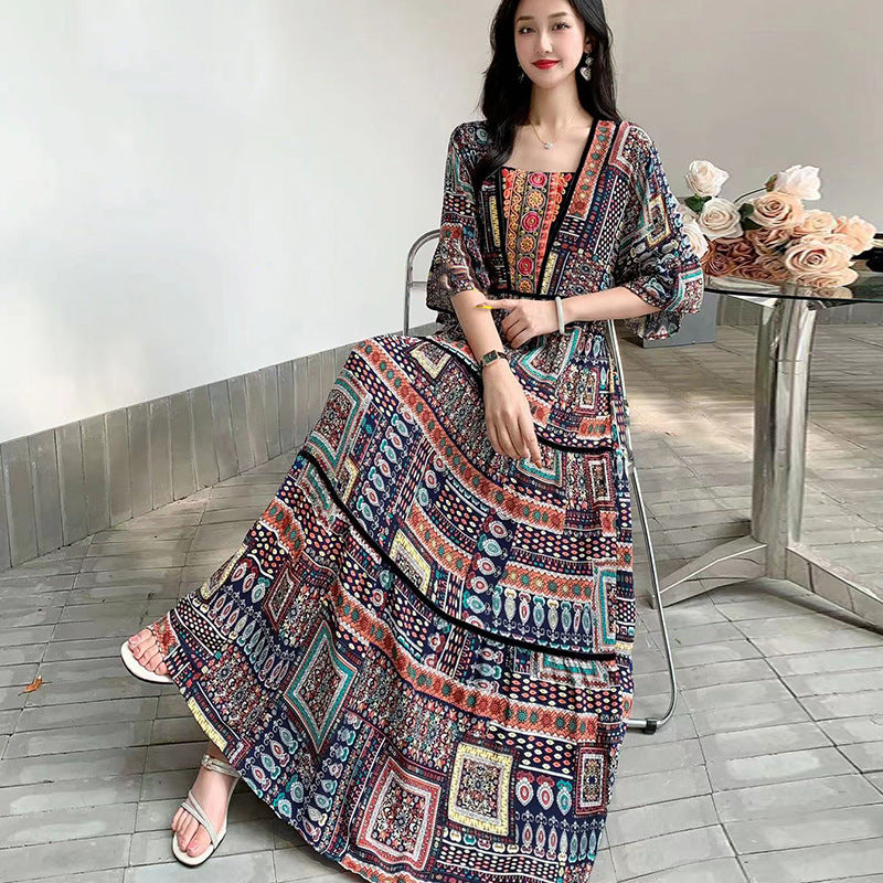 Summer Vintage Cotton Silk Ethnic Style Embroidered Dress Women