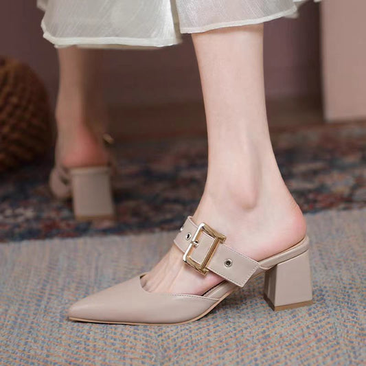 Womens Korean-style Pointed-toe Chunky-heel Closed-toe Slippers