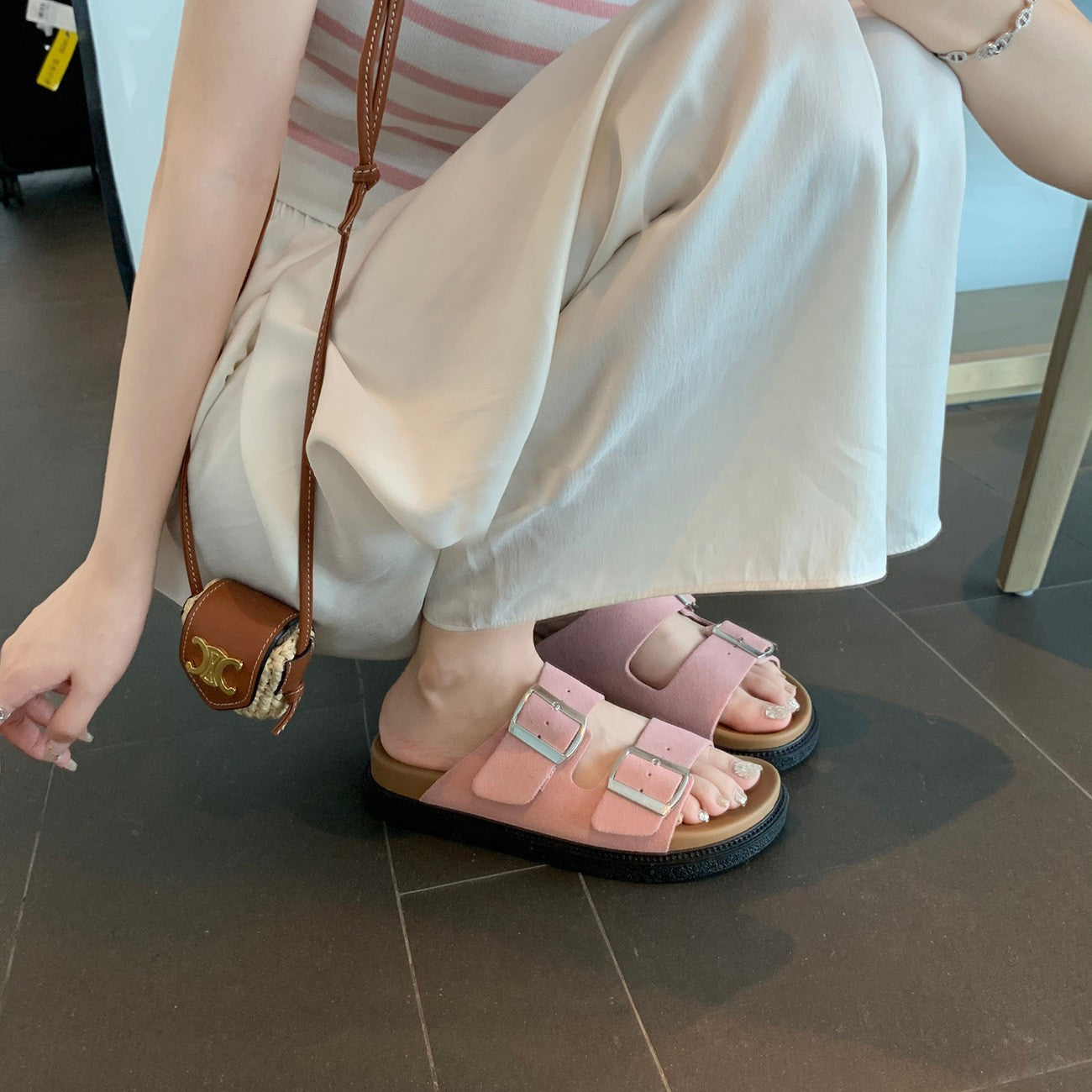 Casual Women's Summer Wear Birkenstock Shoes Belt Buckle Half Slippers