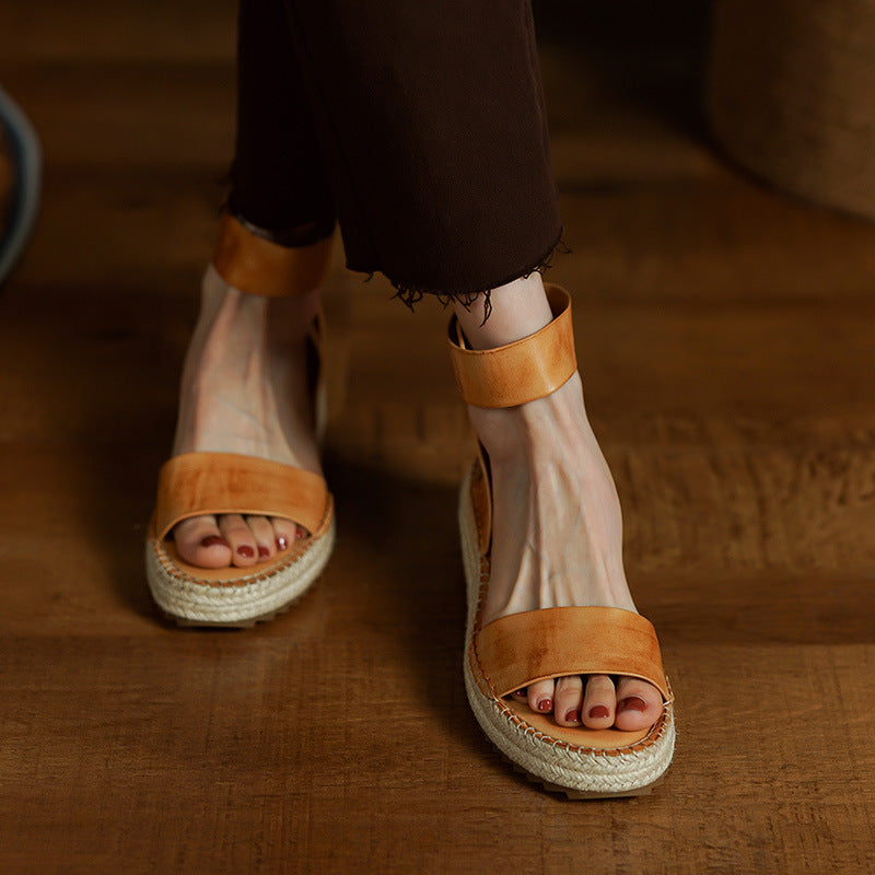 Womens All-leather Braided Vintage Flat Sandals With A Wedge Heel