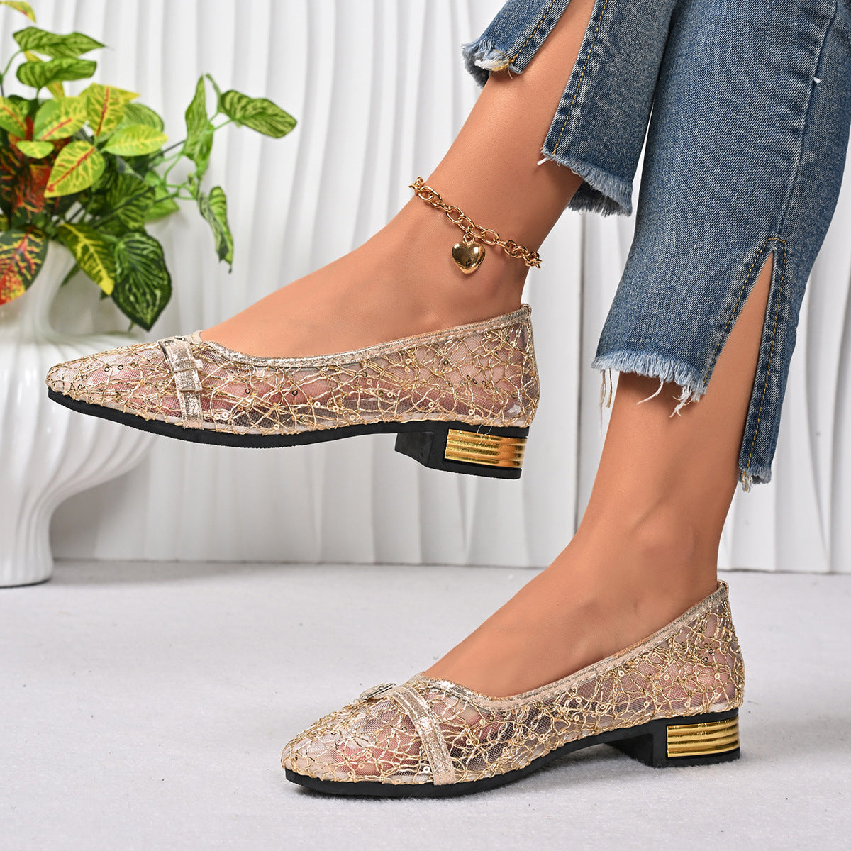 Womens Shallow-Toe Pointed-Toe Mesh Shoes With Bow For Breathability