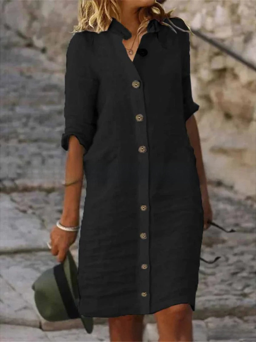 A pure cotton and linen dress with a shirt collar and middle sleeves