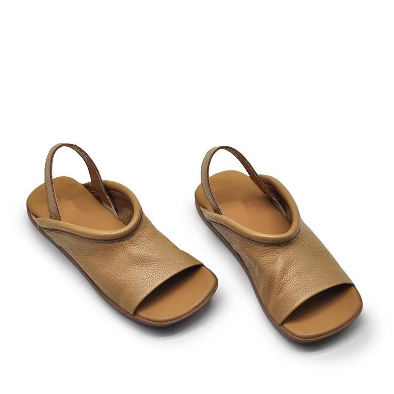 Soft-leather Square-toe Flat-heeled Womens Open-toe Roman-style All-match Beach Sandals For Outdoor Wear