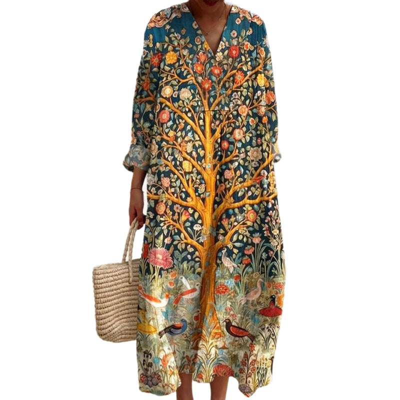 Resort Style Printed Long Sleeve For Women Loose Fitting V Neck Maxi Dress