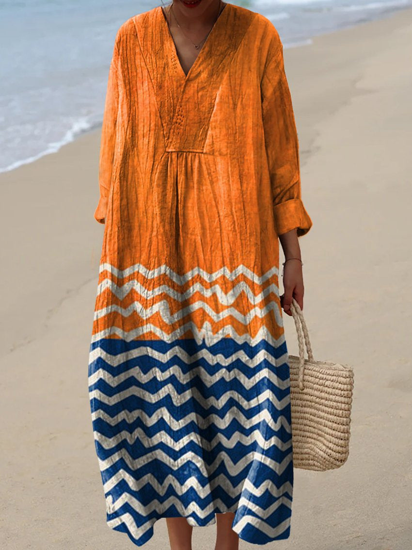 Resort Style Printed Long Sleeve For Women Loose Fitting V Neck Maxi Dress