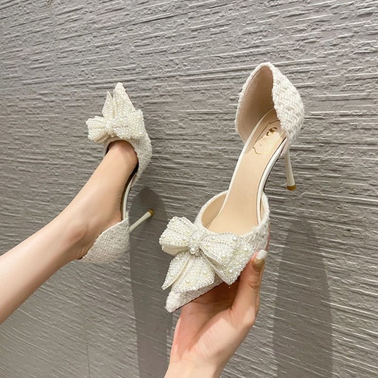 Breathable Side Empty Bow Niche With Skirt Rhinestone Hollow Pumps