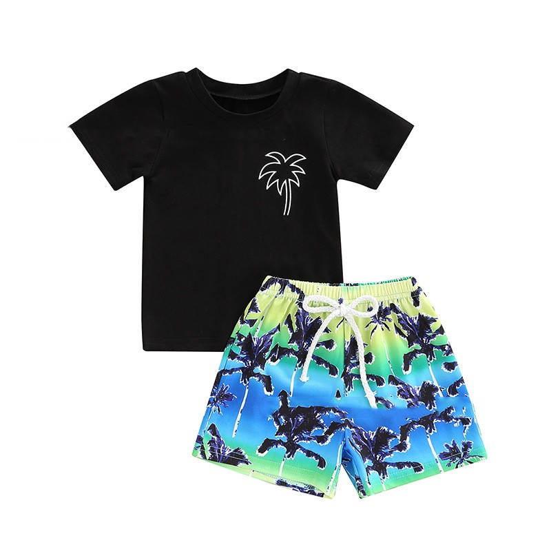 Boy's Back Letter Coconut Pattern T-shirt Shorts Set