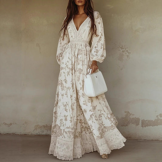 Casual Western-style AutumnWinter Long-Sleeve Printed Lace-Trimmed Dress