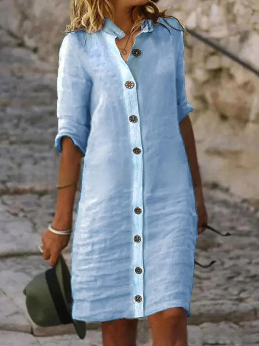 A pure cotton and linen dress with a shirt collar and middle sleeves