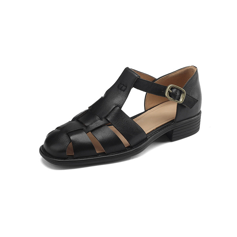 Round Toe Low Heel Leather French Retro Roman Sandals Flat Women's