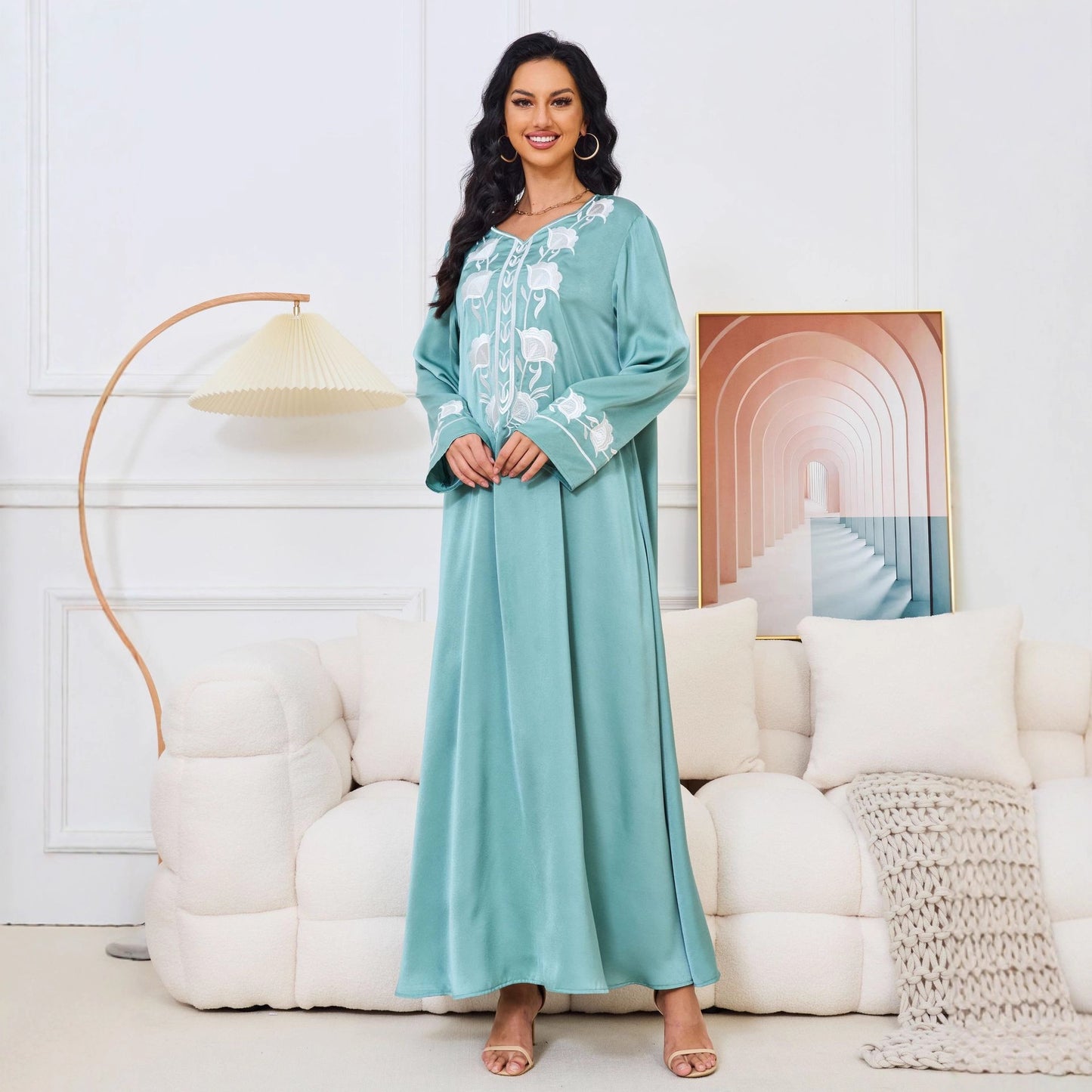 Dubai Abaya Gown Dress With Printed Hot-stone And Embroidered Detailing