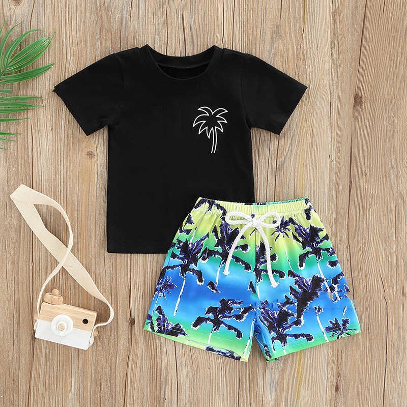 Boy's Back Letter Coconut Pattern T-shirt Shorts Set